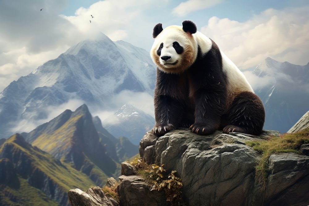 Giant panda sitting landscape rock wildlife.