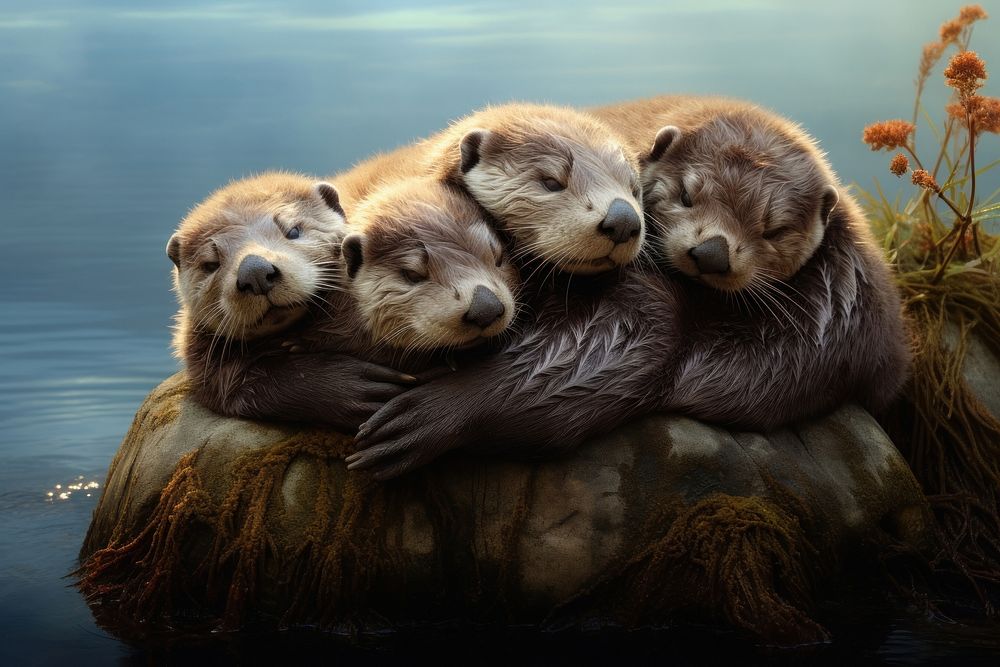 Group of otters huddled together on a rock wildlife animal mammal.