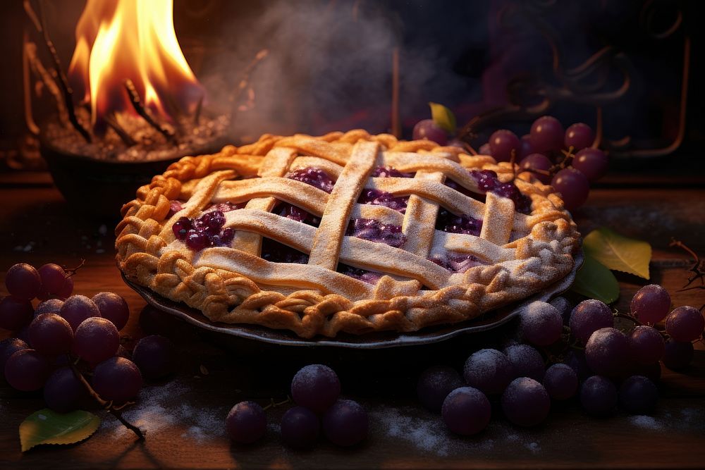 Delicious grape pie with a golden brown crust grapes dessert produce.