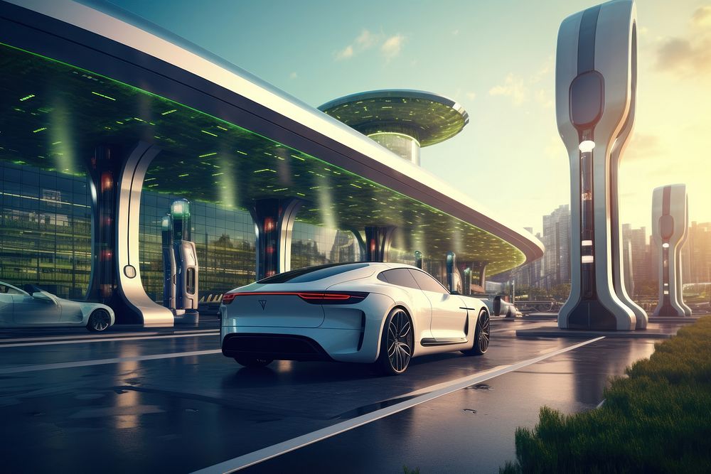 Futuristic gas station with charging pods for electric vehicles car transportation automobile.