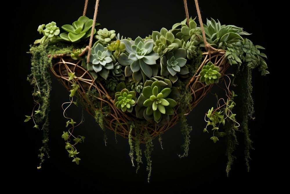 Hanging basket overflowing with trailing succulents planter pottery vase.