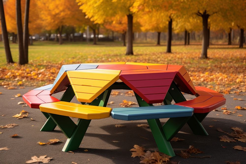 Hexagonal picnic table made of recycled plastic lumber park furniture outdoors.