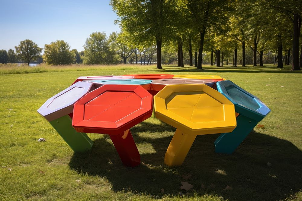 Hexagonal picnic table made of recycled plastic lumber park playground furniture.
