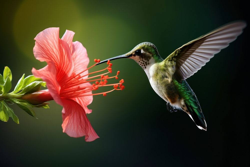 Hummingbird feeding from a flower beak blossom animal.