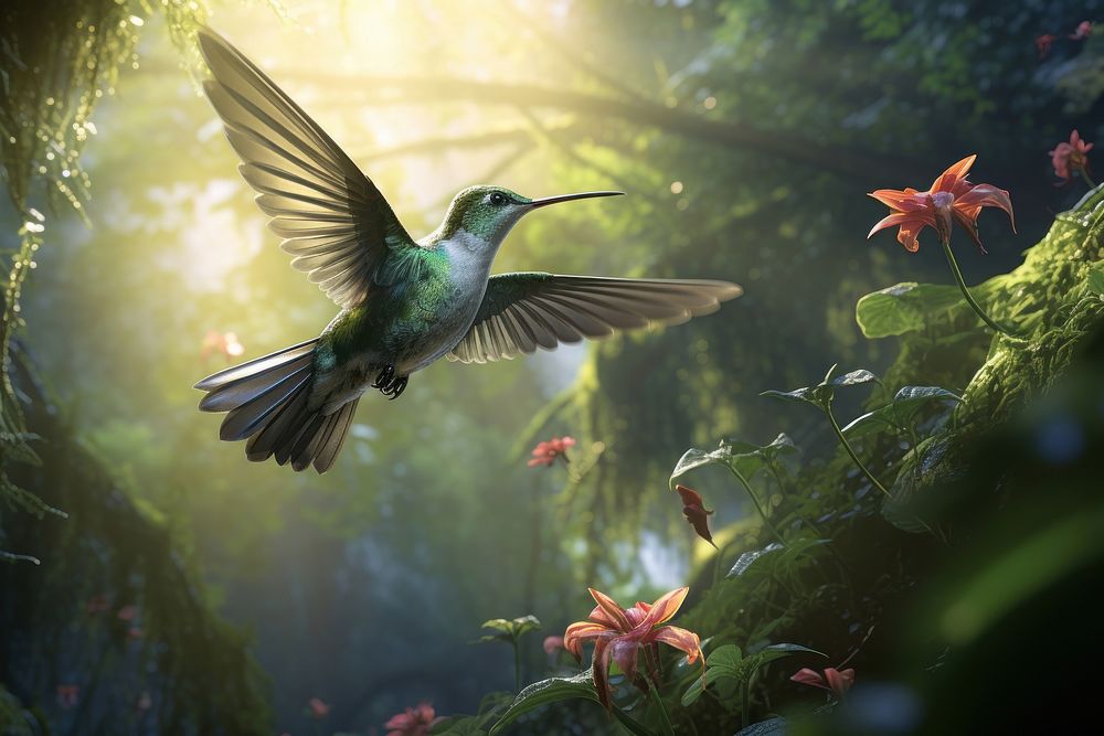 Hummingbird flying through a lush rainforest vegetation outdoors animal.
