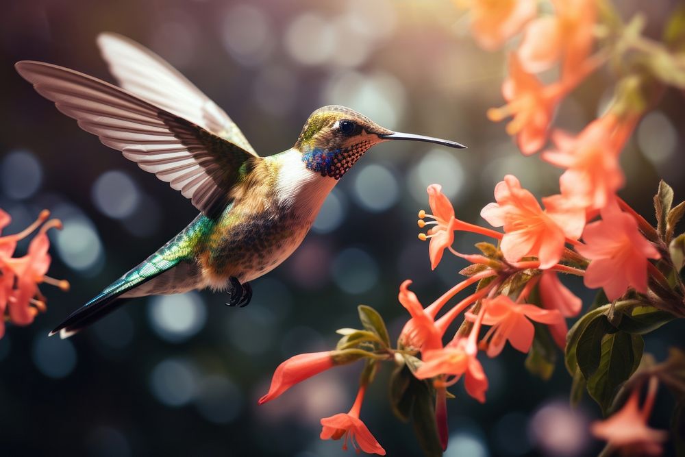 Hummingbird in flight flower blossom animal.