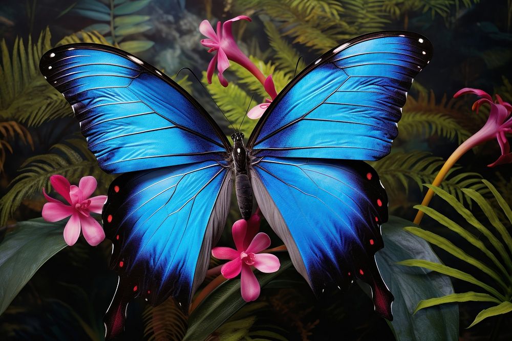 Blue Morpho butterfly with vibrant blue wings flower invertebrate vegetation.