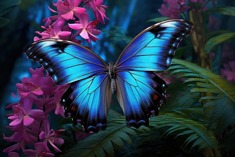 Blue Morpho butterfly with vibrant blue wings flower invertebrate chandelier.