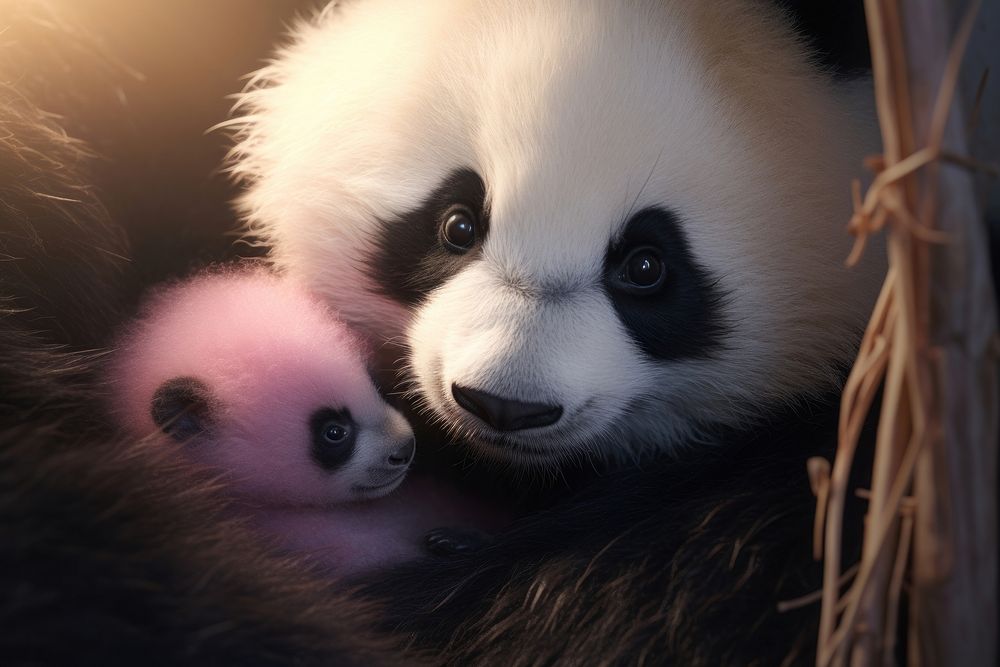 Mother panda cradling her newborn cub wildlife animal mammal.
