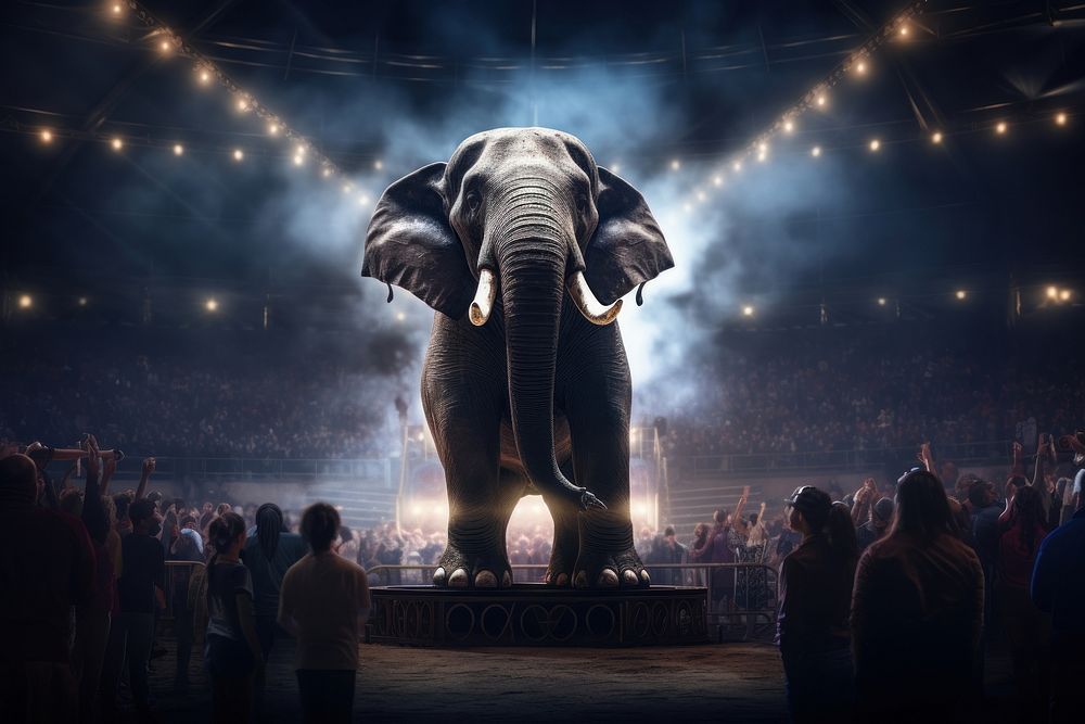 Elephant standing on a pedestal in the circus ring crowd lighting wildlife.
