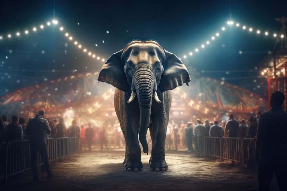 Elephant standing on a pedestal in the circus ring lighting wildlife person.