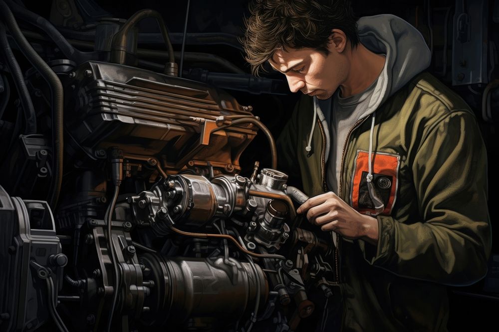 Mechanic working on a classic car engine machine person worker.