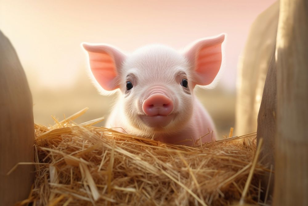 Mischievous piglet peeking out from behind a hay bale animal mammal.
