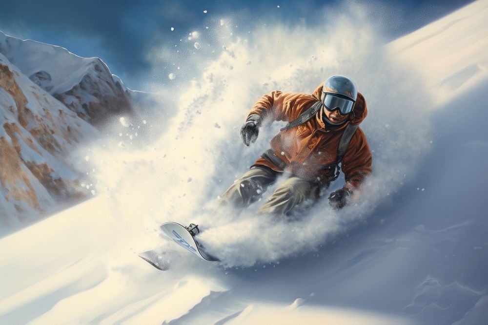 Snowboarder carving fresh tracks down a snow-covered mountain slope snowboarding accessories recreation.