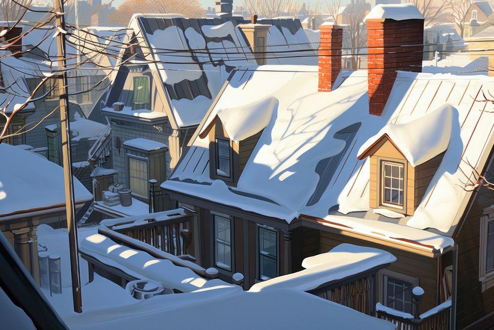 Snow-covered rooftop neighborhood architecture building.