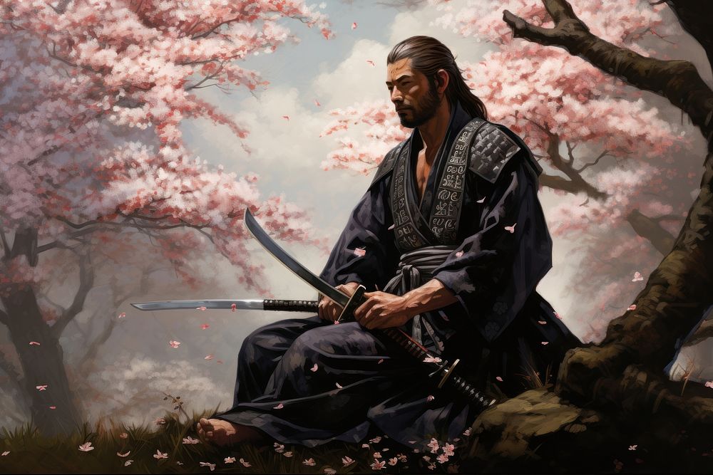 Samurai warrior in a peaceful garden blossom weaponry wedding.