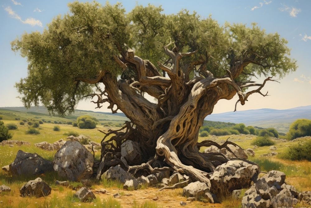 Ancient olive tree vegetation wilderness landscape.