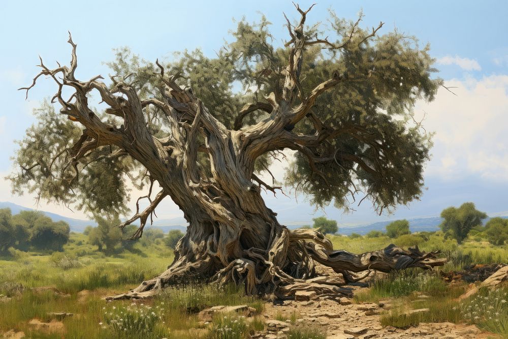Ancient olive tree vegetation driftwood landscape.