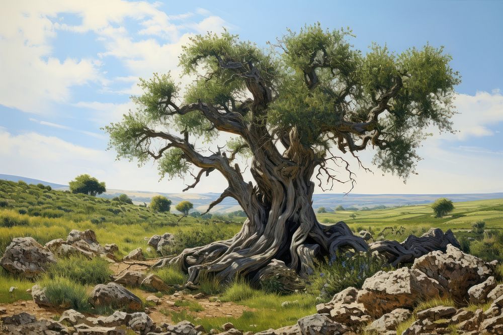 Ancient olive tree field vegetation wilderness.