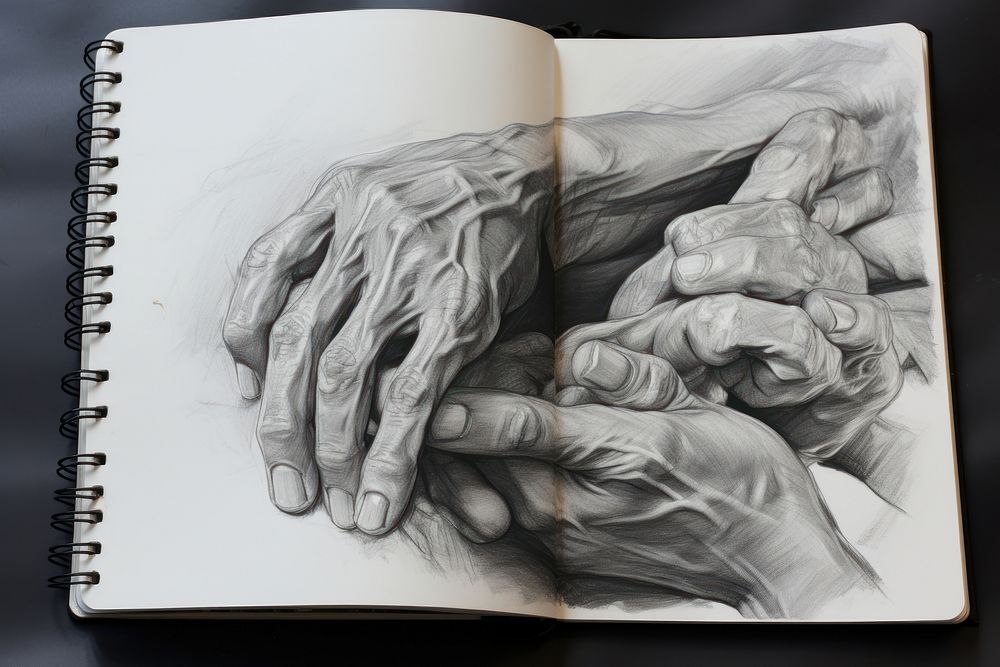 Sketchbook filled with charcoal drawings illustrated publication person.
