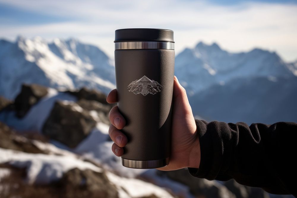 Stainless steel travel mug mountain coffee photo.