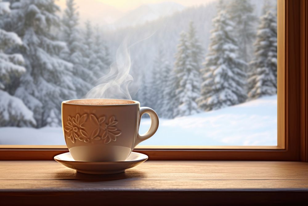 Snowy landscape framed in the background windowsill cup beverage.