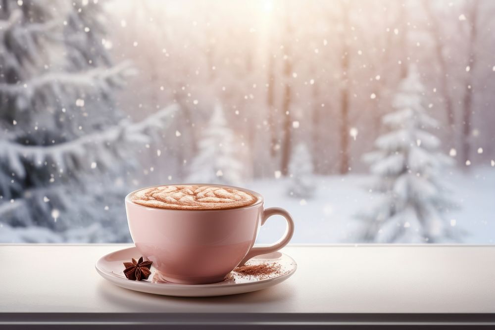 Snowy landscape framed in the background windowsill cup beverage.