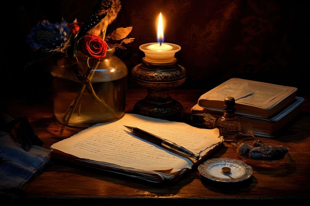 Still life composition featuring a vintage notebook candle pen publication.