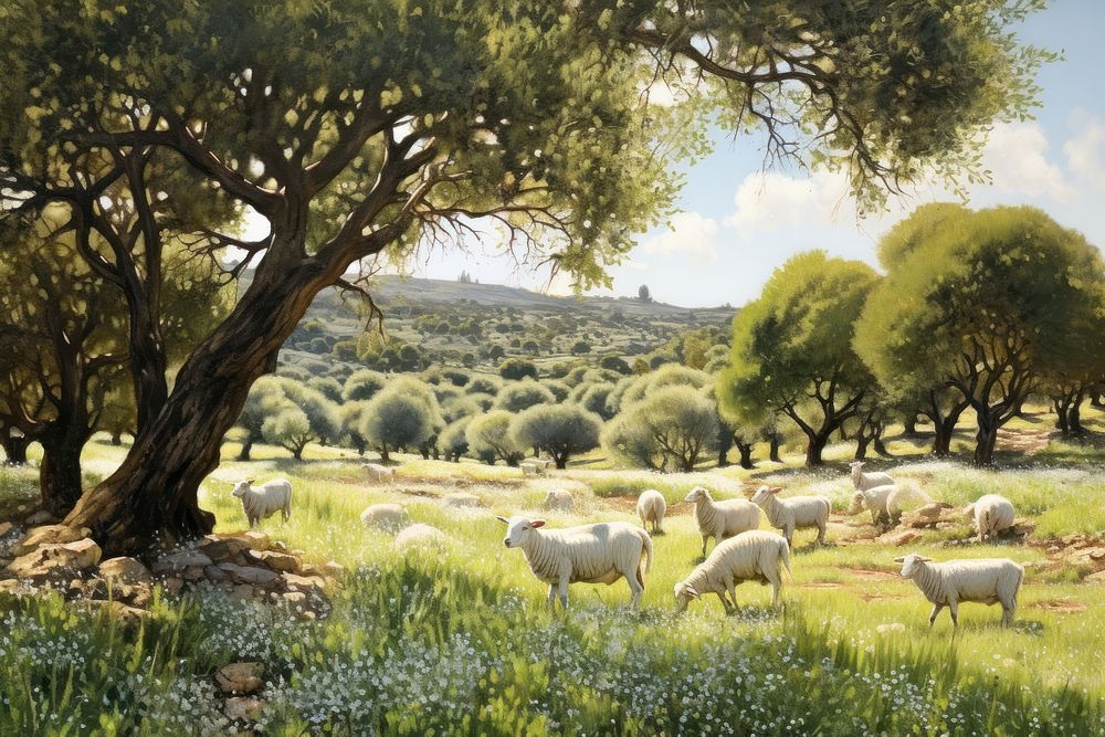 Sun-drenched olive grove sheep tree countryside.