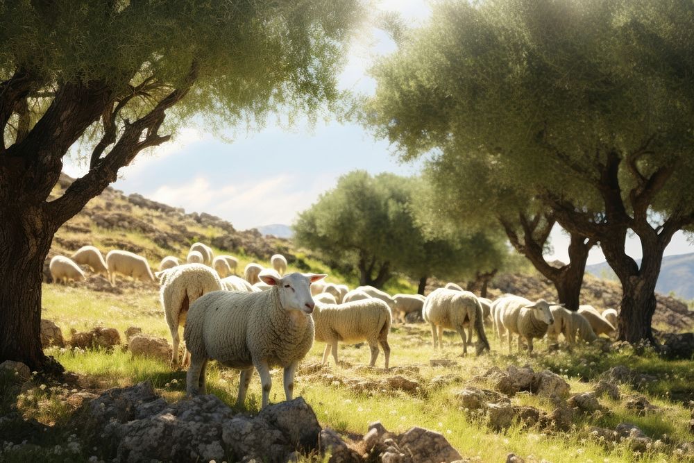 Sun-drenched olive grove sheep countryside grassland.