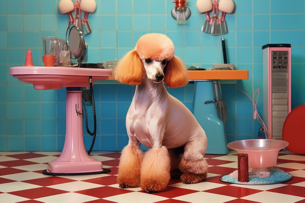 Poodle on a grooming table at a pet salon animal canine mammal.