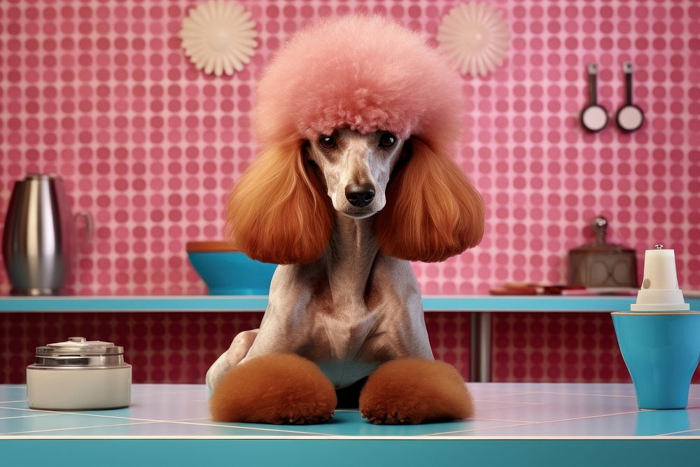 Poodle on a grooming table at a pet salon animal canine mammal.