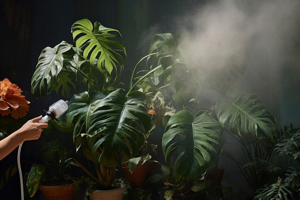 Person misting a philodendron with a handheld sprayer plant gardening outdoors.