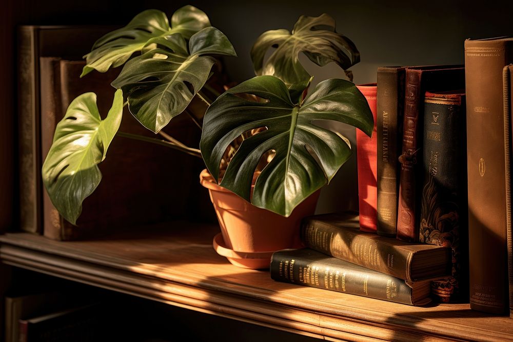 Philodendron thriving on a bookshelf in a home library publication furniture bookcase.