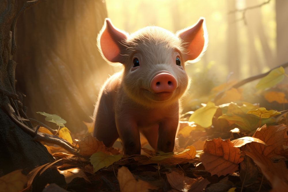 Piglet foraging for acorns in a sun-dappled forest animal mammal plant.