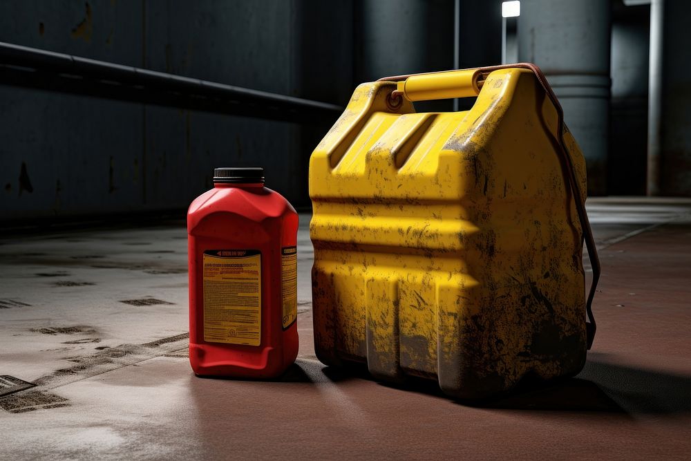 Red jerrycan with a yellow petrol label ammunition weaponry grenade.