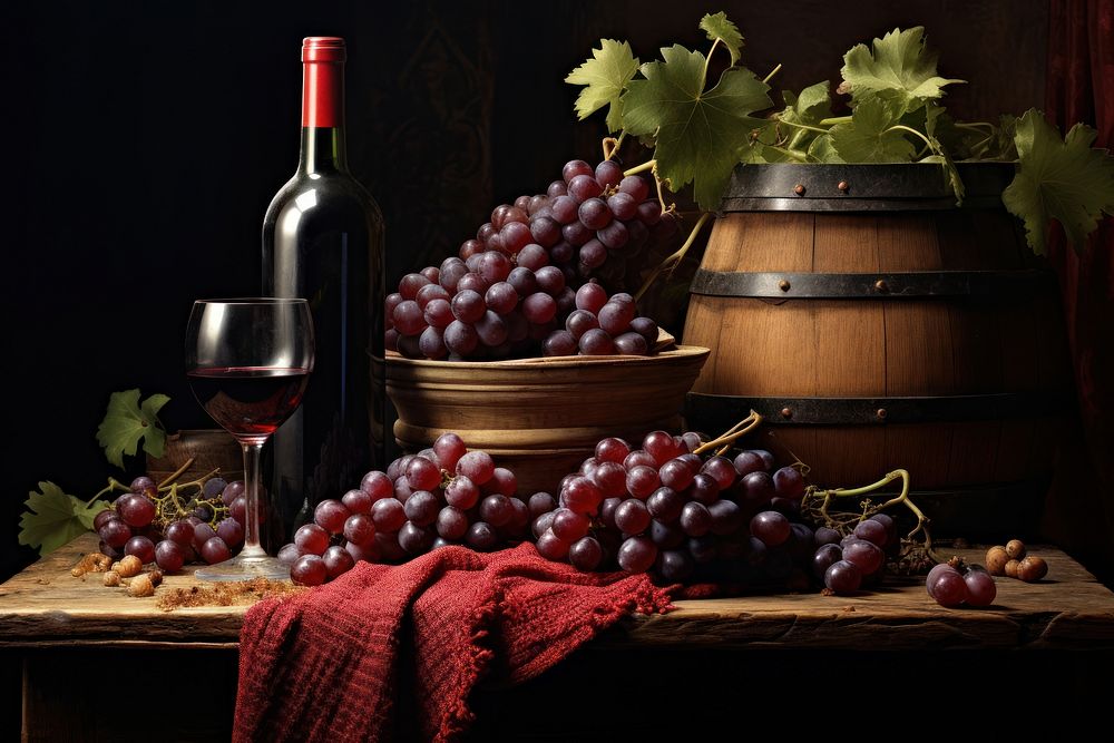 Rustic wooden table overflowing with freshly picked grapes wine countryside outdoors.