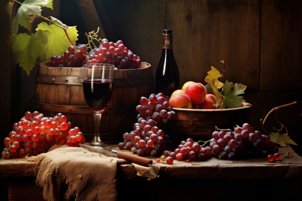 Rustic wooden table overflowing with freshly picked grapes countryside outdoors beverage.