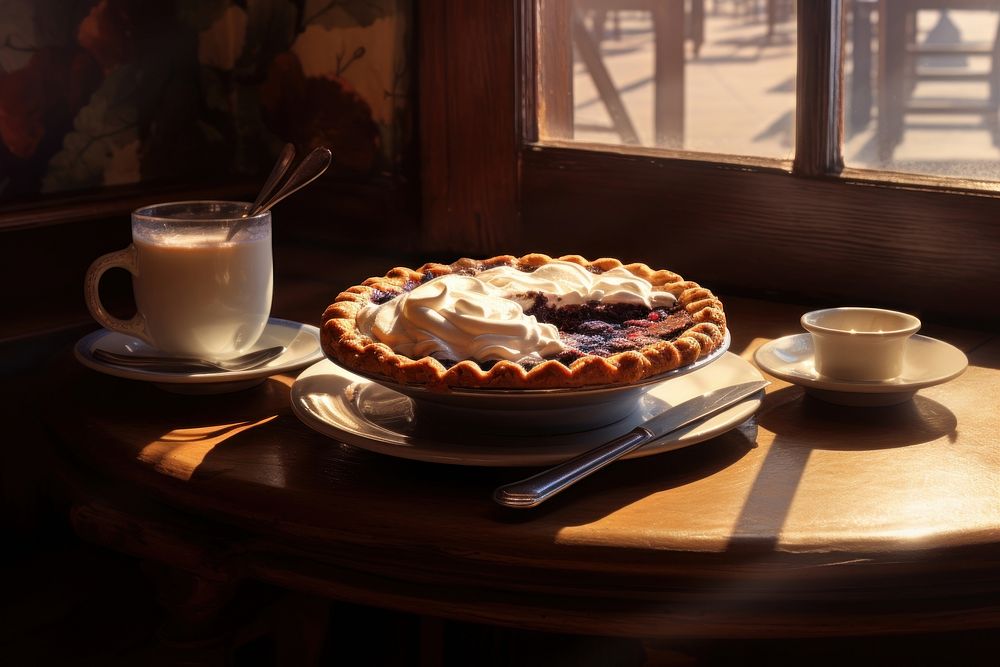 Cappuccino and a slice of freshly baked blueberry pie table fork cup.