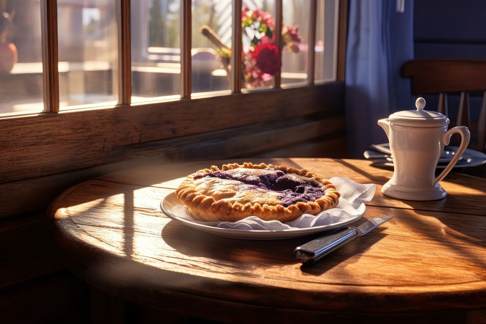 Cappuccino and a slice of freshly baked blueberry pie window table windowsill.