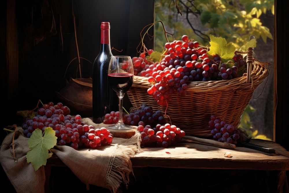 Rustic wooden table overflowing with freshly picked grapes countryside accessories accessory.