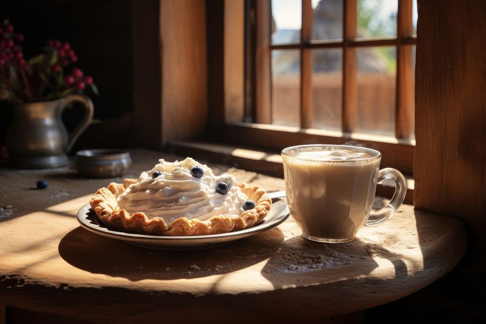 Cappuccino and a slice of freshly baked blueberry pie window cup windowsill.
