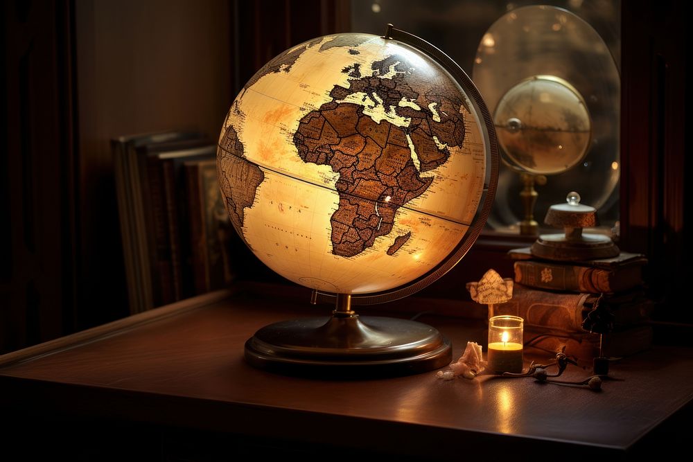 World map displayed on a wooden stand globe astronomy universe.