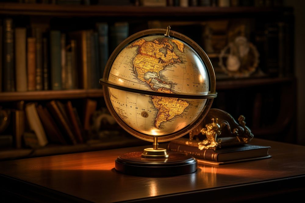 World map displayed on a wooden stand globe astronomy universe.