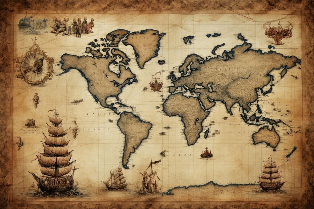 World map in an antique style transportation painting vehicle.