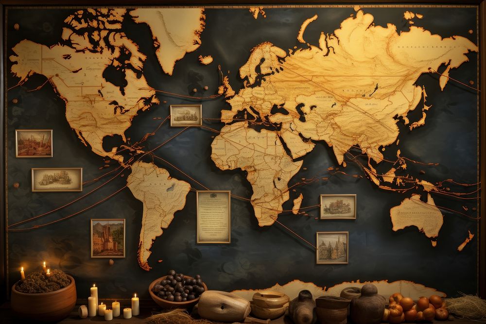 World map with historical trade routes marked blackboard painting art.