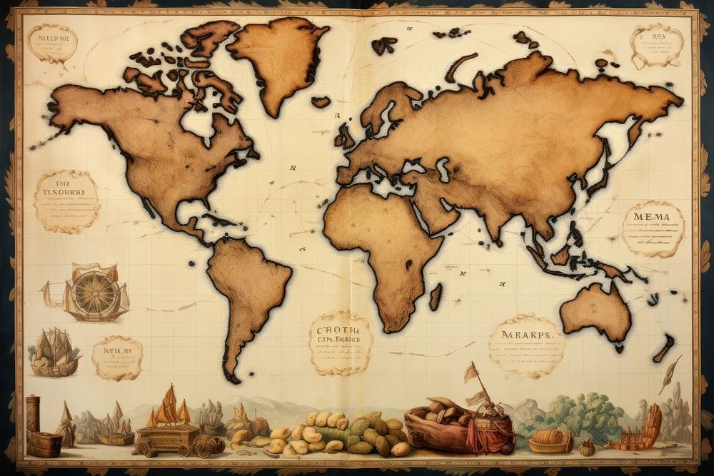 World map with historical trade routes marked painting diagram person.