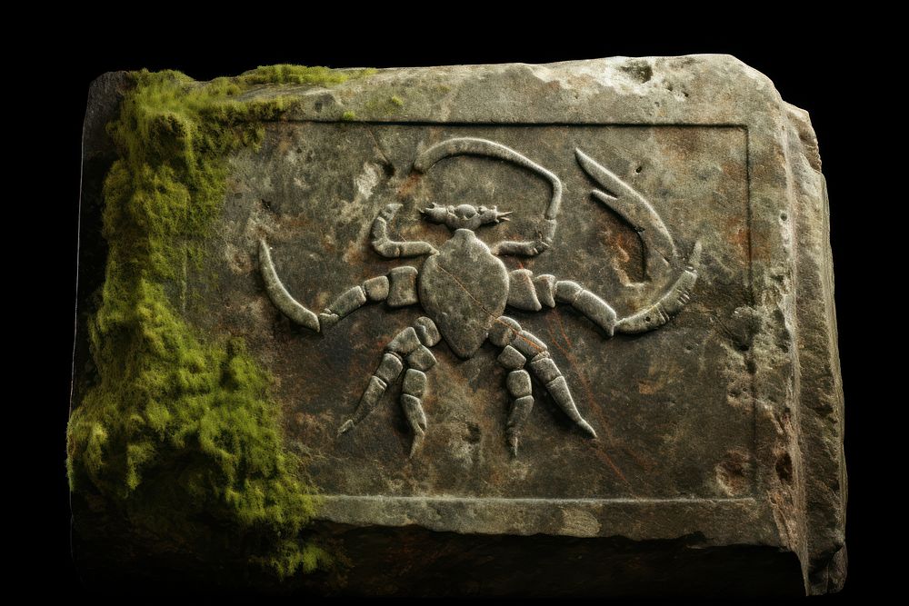 Weathered stone tablet engraved with the symbol for Scorpio invertebrate arachnid animal.