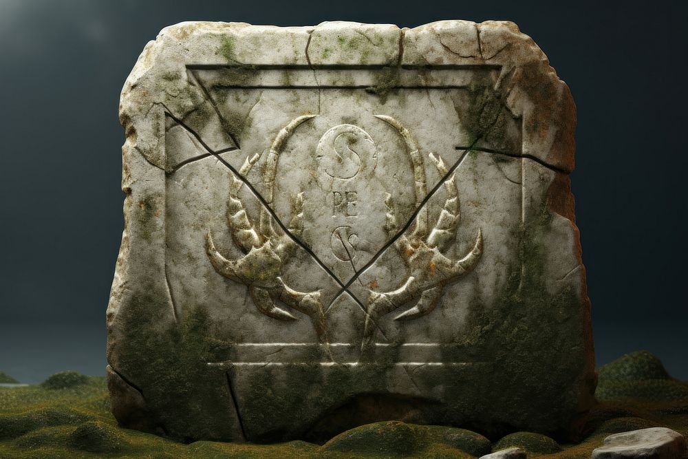 Weathered stone tablet engraved with the symbol for Scorpio archaeology gravestone tombstone.
