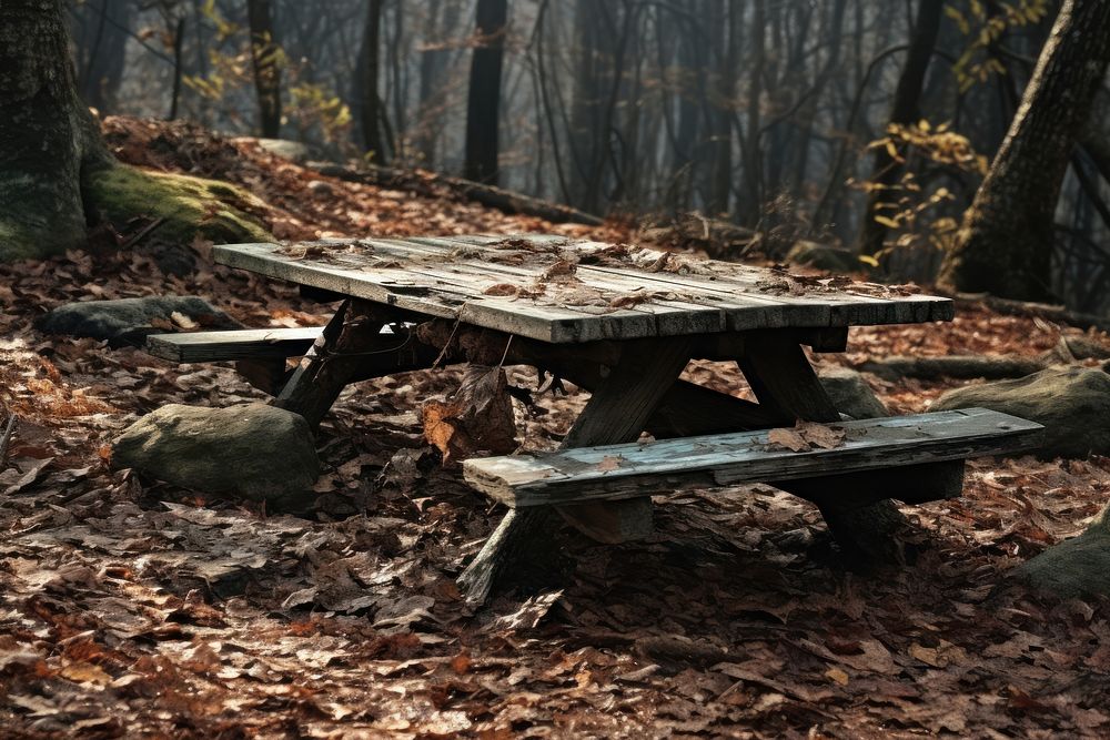 Weathered wooden picnic table in a forest clearing bench vegetation furniture.